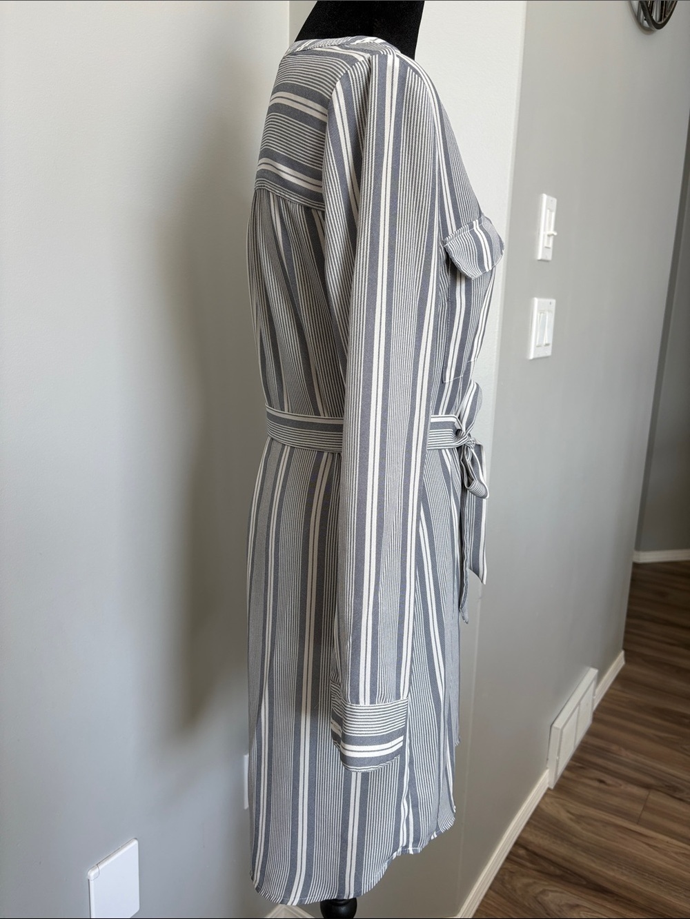 Dex Striped Long-Sleeve Shirt Dress in Gray and White - Picture 5 of 6